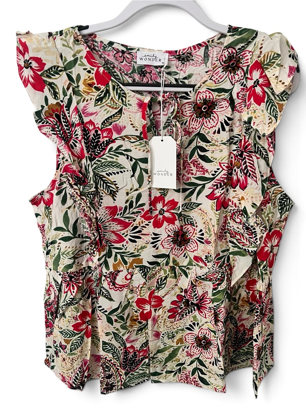 Emily Wonder Ivory Floral Sleeveless Top with Ruffles pink & green details NWT
